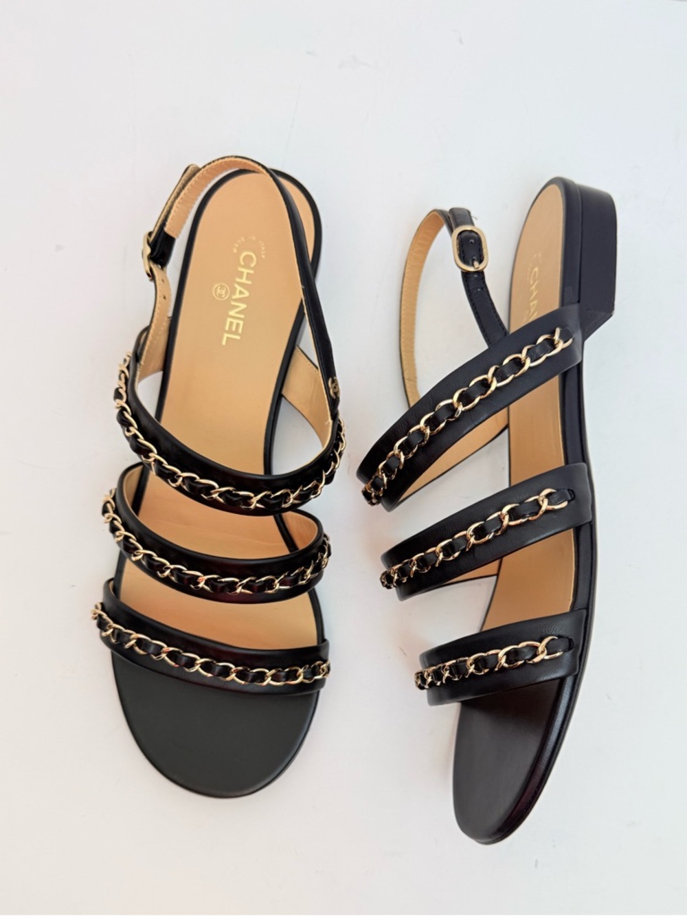 Chanel 22 Logo Chain Strap Lambskin Sandals Black Gold CC EU 40 US 10 - Picture 2 of 10